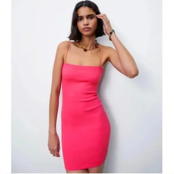 Zara Ribbed Tight Bodycon Spaghetti Strap Mini Dress Hot Barbie  Pink Sz M - Picture 2 of 7